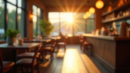 blur warm sunlight streaming through a cozy cafe interior, concept of hospitality and interior design, sun
