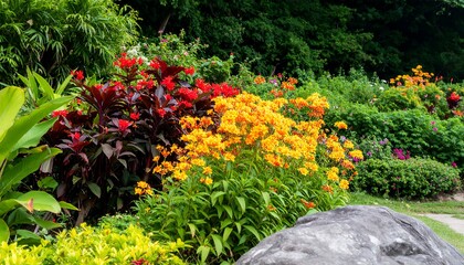 Vibrant garden overflowing with colorful flowers and foliage, showcasing a medley of reds, oranges, yellows, and greens.