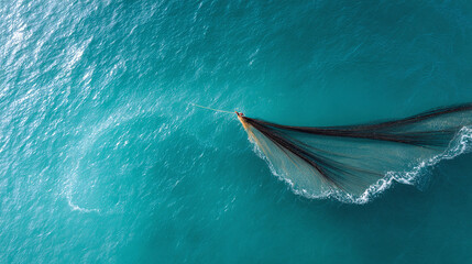 Obraz premium Aerial view captures the graceful motion of a fishing net being dragged through the turquoise ocean. Represents industry, nature, or environmental impact.