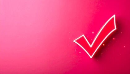 Glowing Red Check Mark on Pink Background with Sparkling Particles