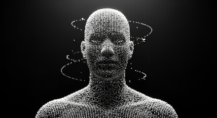 AI Digital Human concept, virtual identity of a futuristic particle man. 3D render of an AI Digital Human face made of data, representing artificial intelligence and the metaverse.