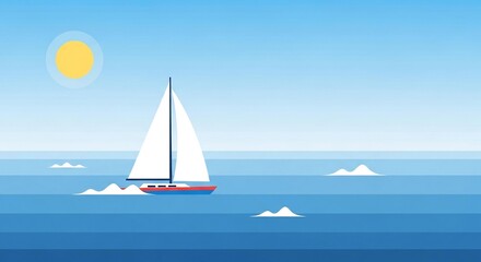 A sailboat glides peacefully across a calm ocean under a bright summer sun.