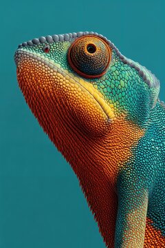Primer&iacute;simo plano de un camale&oacute;n con una mirada penetrante sobre un fondo turquesa.