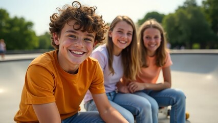 happy teenagers smiling and taking a selfie in a sunny park, enjoying summer fun together, concept of youth, friendship