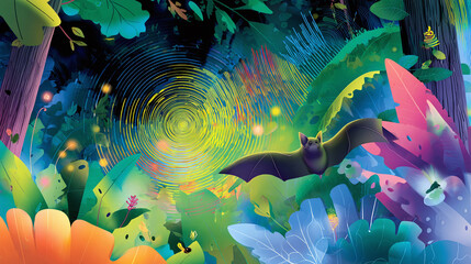 Lush, vibrant illustration featuring a bat in flight amidst colorful stylized jungle foliage and glowing orbs. Evokes mystery and wonder, perfect for nature, adventure or fantasy projects.