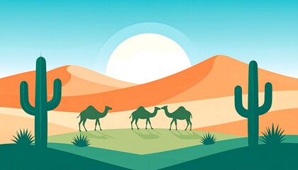 Desert landscape with camels and cacti, featuring a bright sun and gentle hills.