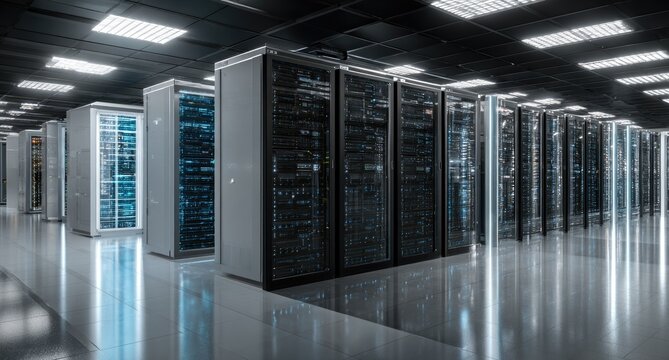Rows of server racks in a dark data center