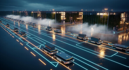 Futuristic autonomous delivery robots at a logistics hub. Concept of autonomous delivery with self-driving robots for future warehouse automation and transportation technology.