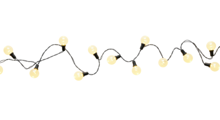 Warm white, globe fairy lights with black wire, flowing in a wave pattern, isolated on a transparent studio background with soft lighting, ample negative space. Concept of bright ideas and innovation