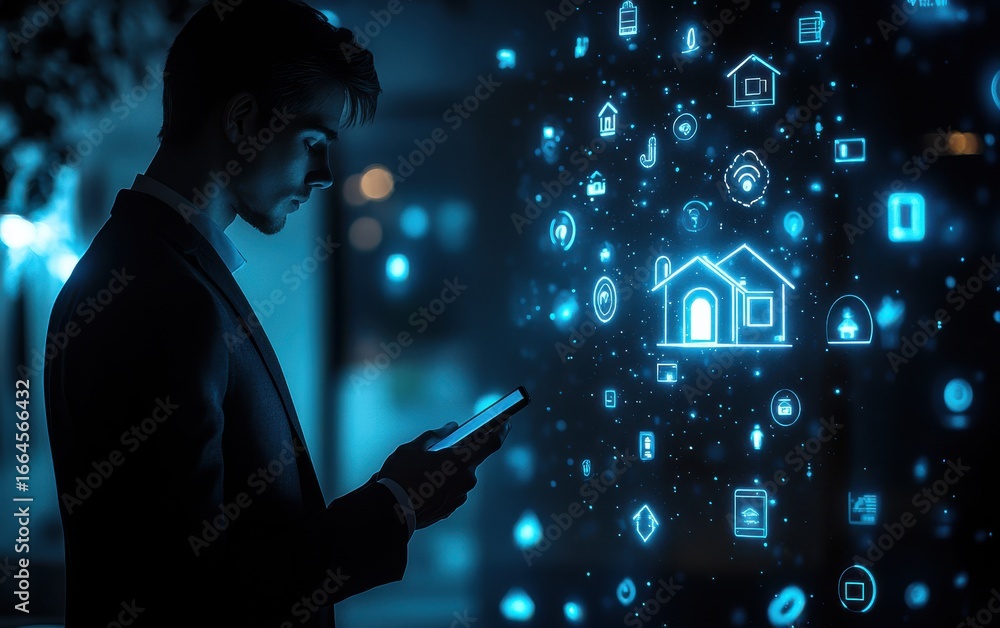 Poster elegant man in suit using smartphone for smart home control with digital icons and interface display