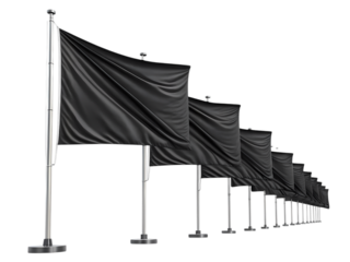 Row of Black Flags on Poles Minimalist Design Element for Mourning Protest or Abstract Concepts isolated on transparent background