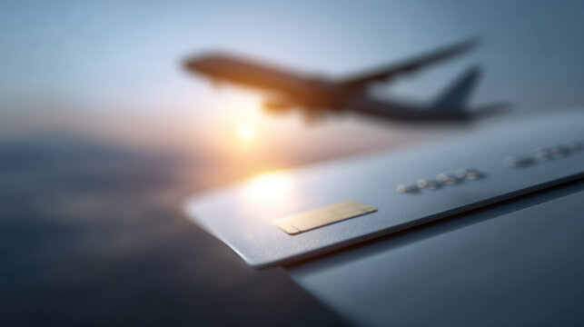 Credit card close up with airplane flying in background at sunset, symbolizing travel and financial freedom - Powered by Adobe