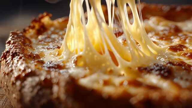 A piece of toasted bread with melted cheese creates long, stretchy strings as it is pulled. The golden, warm, and delicious comfort food is perfect for a snack or meal.