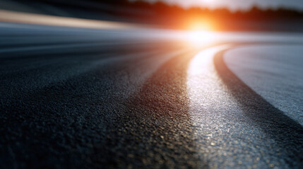 Tire skid marks on asphalt road surface illuminated by warm sunlight during sunset creating dynamic shadows and texture