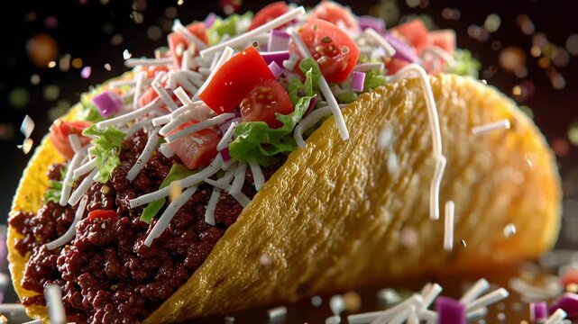 A close-up shot of a delicious hard-shell taco, filled with seasoned meat, fresh lettuce, diced tomatoes, and grated cheese. This meal is prepared and ready to eat.