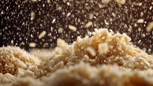 Shredded cheese falls onto a pile of delicious parmesan, creating a dynamic scattering motion. The tiny pieces fly everywhere in slow motion against a dark background.