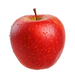 A single, vibrant red apple, glistening with water droplets