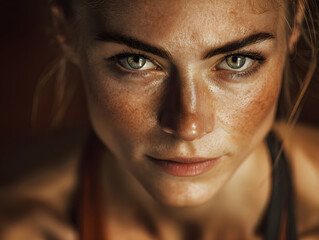 Fototapeta premium A woman with freckles looks intensely at the camera