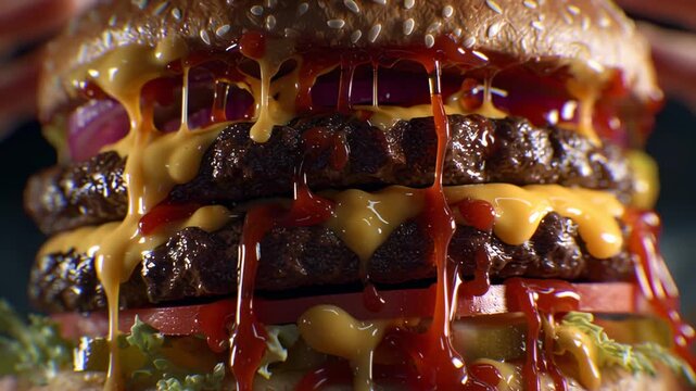 A juicy double cheeseburger is shown in a delicious, close-up food shot. The decadent burger, covered in melted cheese, fresh toppings, and sauce, is a perfect fast food meal.