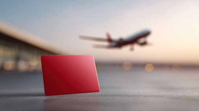 Red credit card standing upright on textured surface with blurred airplane taking off in background during sunset, evoking travel excitement