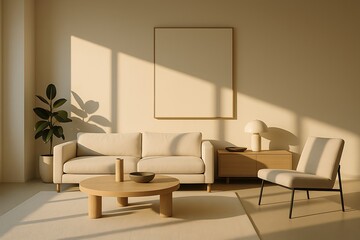Bright and calming living room with modern furniture and sunlit ambiance, minimalist decor background