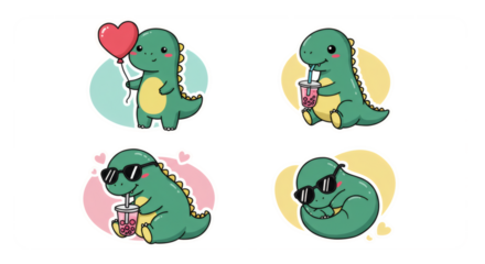 Cute Kawaii Dinosaur Illustration Bundle with Fun Elements