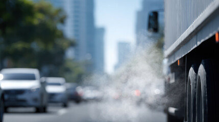 Dense traffic jam with trucks and cars releasing smoke on city street during daytime, creating polluted and congested atmosphere