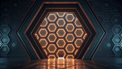 Futuristic glowing hexagonal portal with orange light, perfect for technology or sci-fi concepts