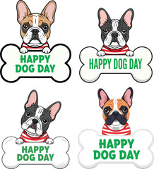 Happy Dog Day Cartoon French Bulldog with Bone Illustration