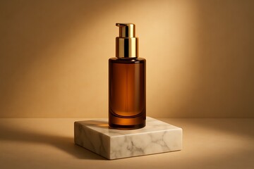 Naklejka premium Elegant cosmetic display, luxury beauty bottle, amber glass packaging, premium product, skincare Background