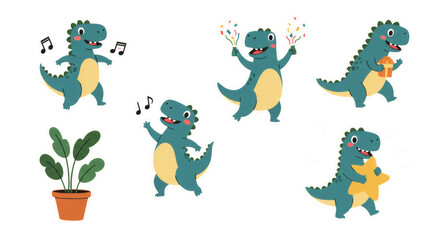 Naklejka premium Collection of a cute green cartoon dinosaur character. Set of adorable dino mascot illustrations