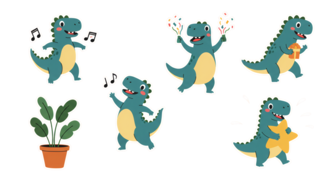 Collection of a cute green cartoon dinosaur character. Set of adorable dino mascot illustrations