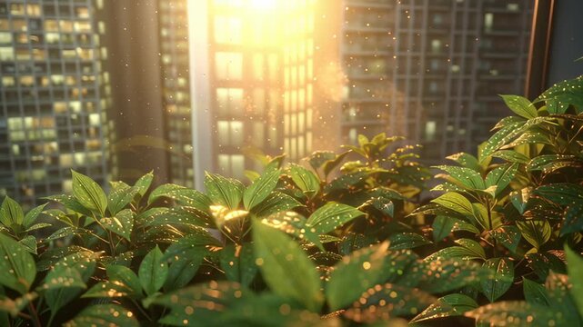 A peaceful moment is captured as sunlight glistens on water drops on plants. The serene nature scene contrasts with the busy urban city at sunrise, creating a feeling of calm.
