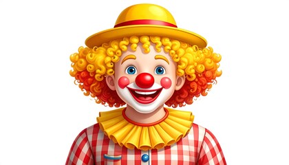 A cheerful cartoon clown with vibrant colors and a wide smile is depicted against a white background.