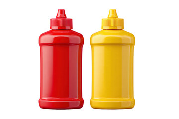 Two bottles of ketchup and mustard. One is red and the other is yellow. The bottles are placed next to each other