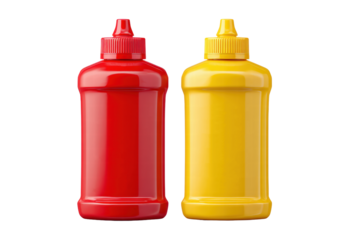 Two bottles of ketchup and mustard. One is red and the other is yellow. The bottles are placed next to each other