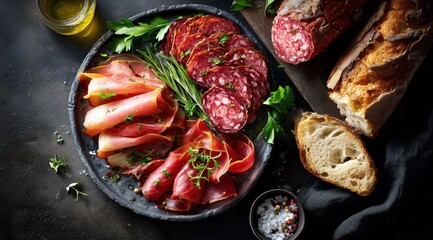 Une assiette de charcuterie avec du jambon, du saucisson, accompagné d'une baguette de pain coupée, arrière-plan sombre créant un contraste de couleurs avec la nourriture, vue de dessus.