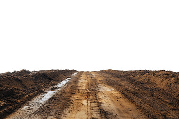 Muddy dirt road surface with visible tire tracks on transparent background