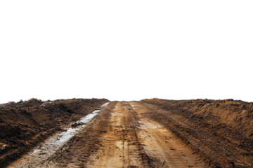 Muddy dirt road surface with visible tire tracks on transparent background