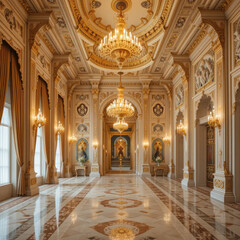 Fototapeta premium Step into timeless elegance with this stunning palace hall, perfect for historical dramas, luxury brand campaigns, and showcasing opulent architecture and design elements