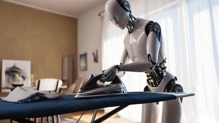 Robotic Homemaker at Work: A cutting-edge robotic domestic assistant meticulously irons clothes on an ironing board. This scene captures the essence of automated household tasks. 