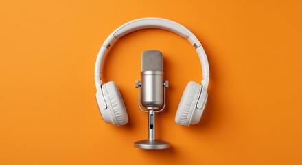 podcasting concept, directly above view of headphones and recording microphone on orange background