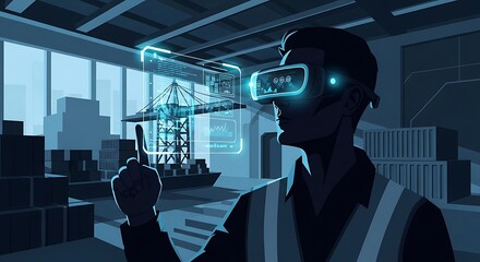 Man Using Virtual Reality Headset in Warehouse.