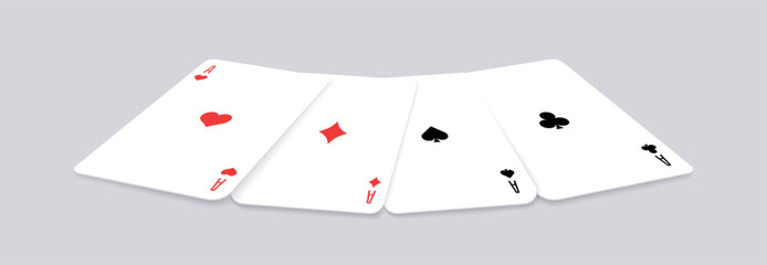 Vector illustration of four aces fanned out. Spade, heart, club, and diamond aces arranged in a fan layout. Perfect for poker, casino, gambling, and entertainment graphic projects.