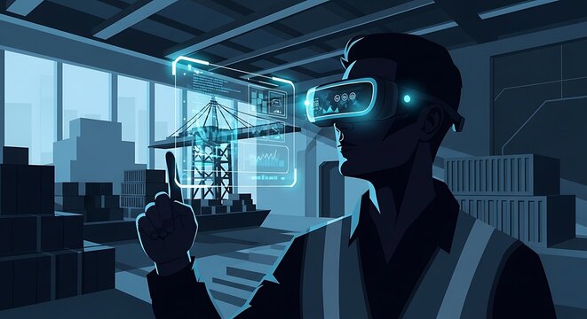 Man Using Virtual Reality Headset in Warehouse.