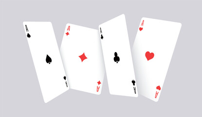 Vector illustration of playing cards floating in the air. Spade, heart, club, and diamond aces in dynamic arrangement. Perfect for poker, casino, gambling, entertainment, and graphic projects.
