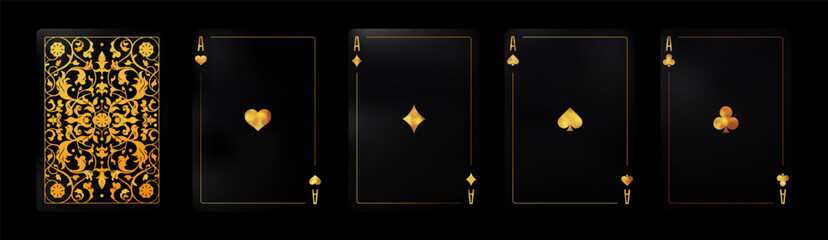 Vector illustration of four aces playing cards with elegant black and gold design. Card back. Luxury casino style perfect for poker, gambling, entertainment, and premium graphic projects.