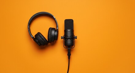 podcasting concept, directly above view of headphones and recording microphone on orange background