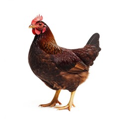 Fototapeta premium Brown hen, standing, profile view, against white background