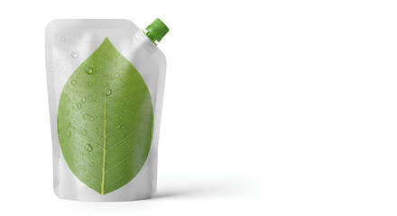 Natural pouch mockup, organic food packaging with green leaf. Eco friendly spout pouch packaging with fresh leaf design. Natural pouch mockup for juice, smoothie, or organic food.